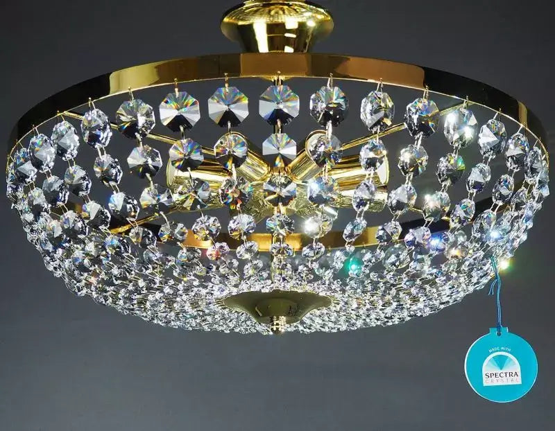 Kristall Deckenleuchte Lorenzo Ø50cm mit SPECTRA® CRYSTAL von SWAROVSKI in Gold, luxuriöser und zeitloser Look.