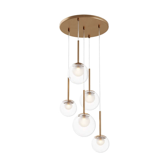 Maytoni Pendelleuchte Jackson Basic Form 5 Leuchten in Bronze Gold, dimmbar, mit weißen Milchglas-Schirmen, höhenverstellbar.