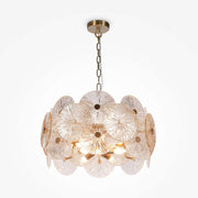 Maytoni Pendelleuchte Aster with gold metal fittings and amber pressed glass decor, adjustable height, 8 lights, and E14 sockets.