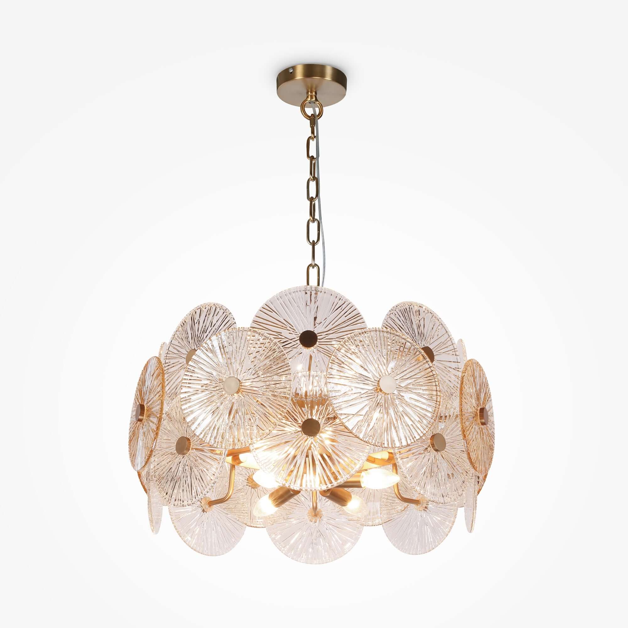 Maytoni Pendelleuchte Aster with gold metal fittings and amber pressed glass decor, adjustable height, 8 lights, and E14 sockets.