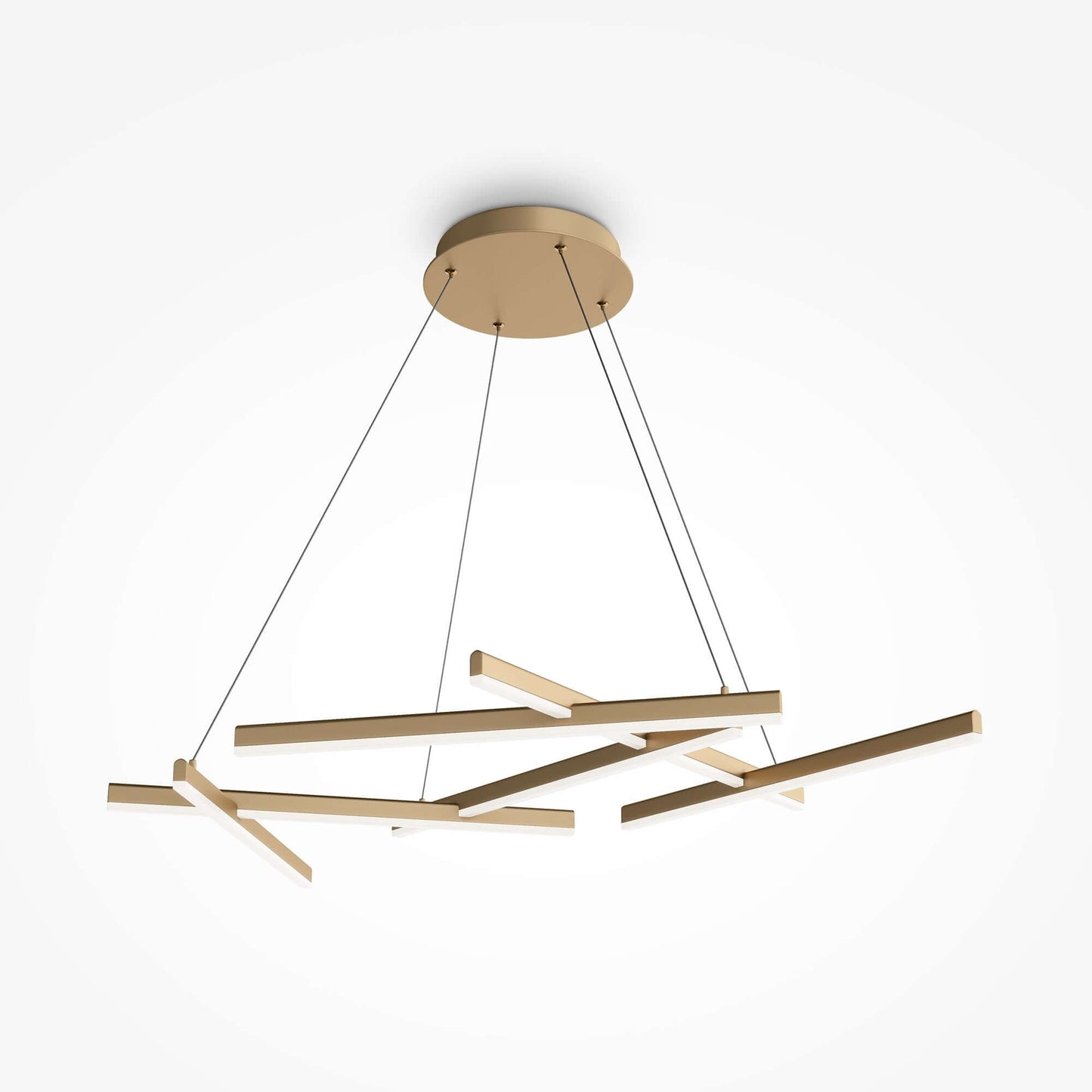Modern Maytoni pendant light in matte gold with LED lights, adjustable height, showcasing elegant metal and acrylic design.