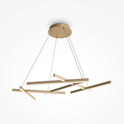 Modern Maytoni pendant light in matte gold with LED lights, adjustable height, showcasing elegant metal and acrylic design.