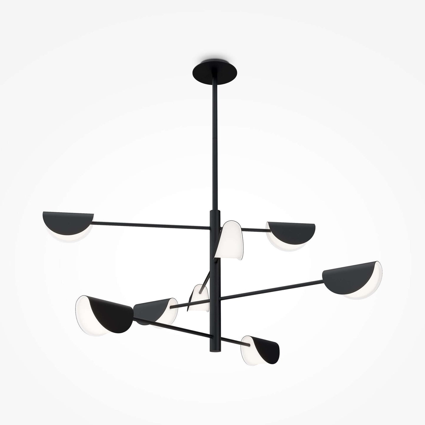 Modern Maytoni Mollis pendant light with black metal and acrylic design, adjustable height, eight dimmable G9 bulbs, minimalist style.