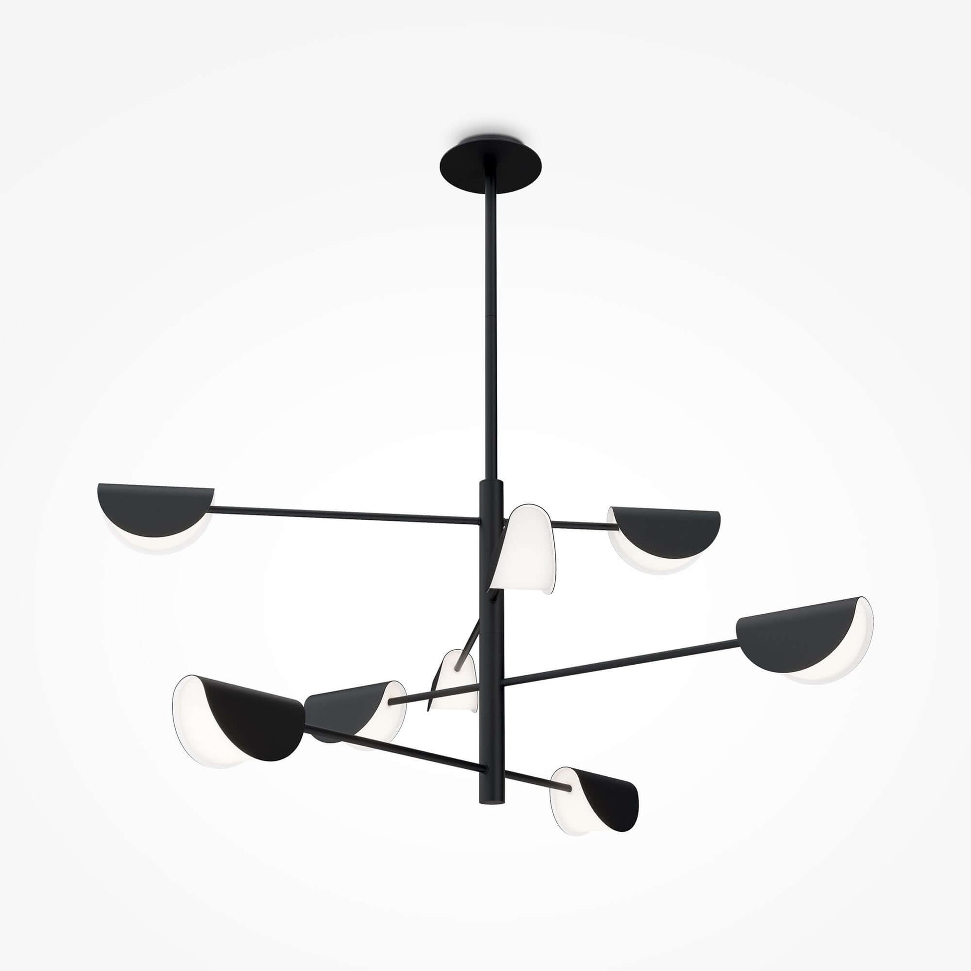 Modern Maytoni Mollis pendant light with black metal and acrylic design, adjustable height, eight dimmable G9 bulbs, minimalist style.