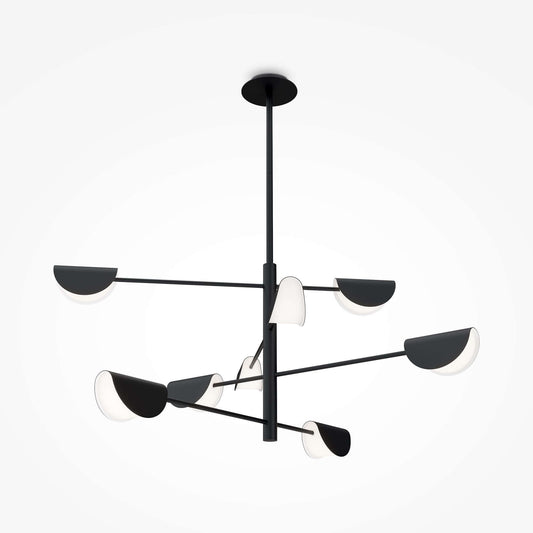 Modern Maytoni Mollis pendant light with black metal and acrylic design, adjustable height, eight dimmable G9 bulbs, minimalist style.