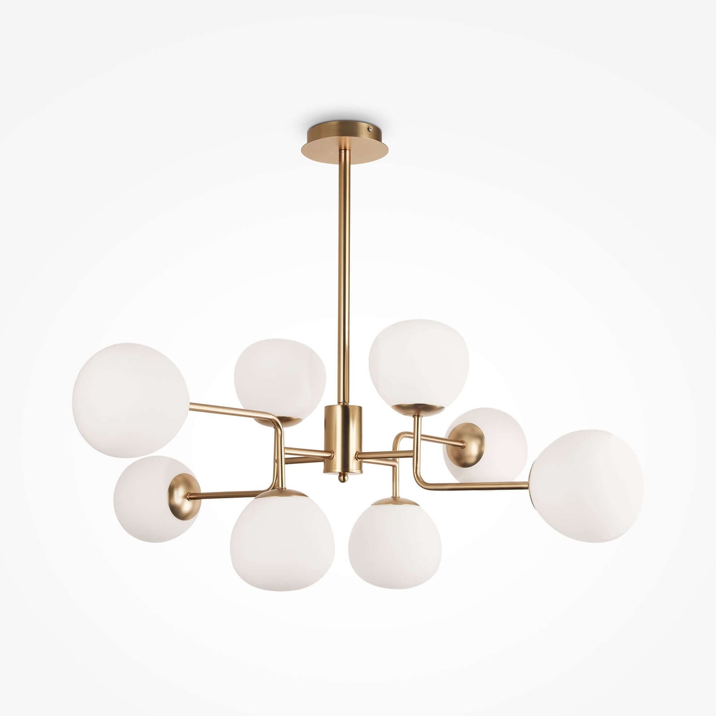 Maytoni Pendelleuchte Erich 8 Leuchten in Brass, dimmable pendant lamp with gold metal and white glass shades, suitable for modern decor.