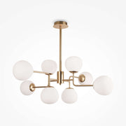 Maytoni Pendelleuchte Erich 8 Leuchten in Brass, dimmable pendant lamp with gold metal and white glass shades, suitable for modern decor.