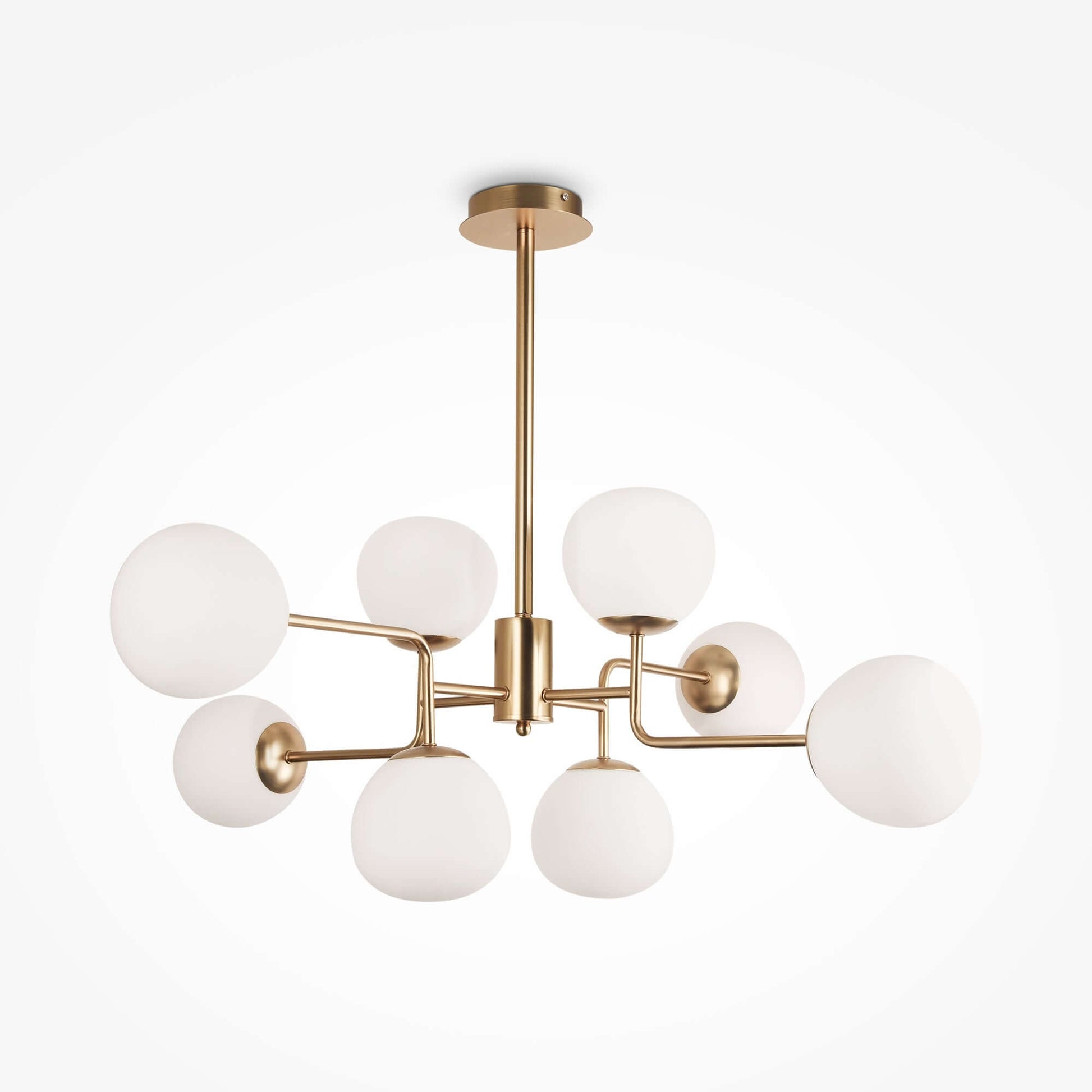 Maytoni Pendelleuchte Erich 8 Leuchten in Brass, dimmable pendant lamp with gold metal and white glass shades, suitable for modern decor.