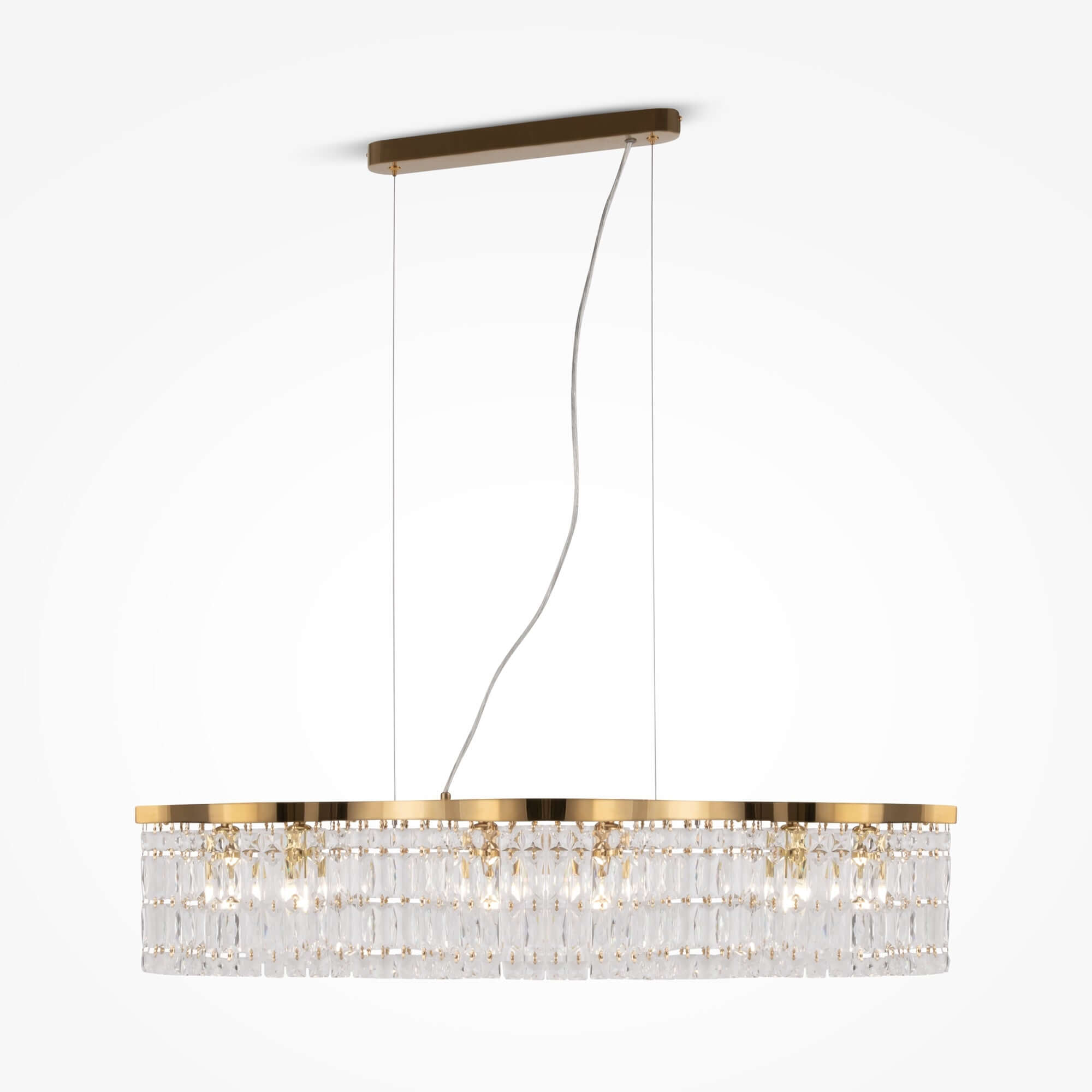 Maytoni Pendelleuchte Dune with gold metal and crystal design, adjustable height, six E14 bulbs, dimmable pendant light.