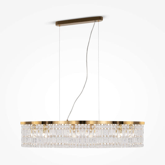 Maytoni Pendelleuchte Dune with gold metal and crystal design, adjustable height, six E14 bulbs, dimmable pendant light.