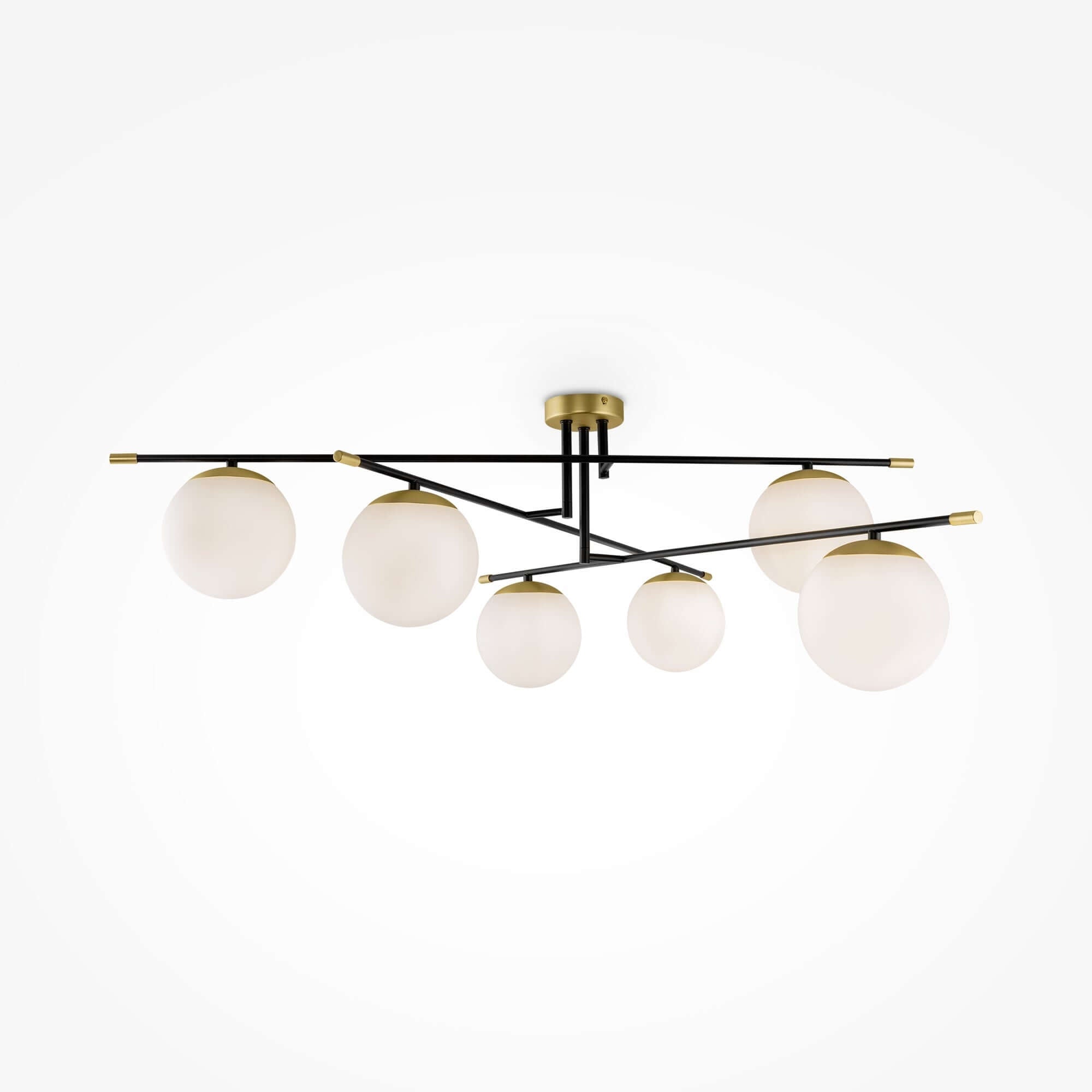 Maytoni Deckenleuchte Nostalgia with matte gold metal and frosted glass globes, featuring a trendy asymmetric design and dimmable lighting.