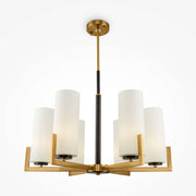 Maytoni Fortano small brass gold chandelier with adjustable height, six white glass lampshades, E27 base, dimmable lighting.