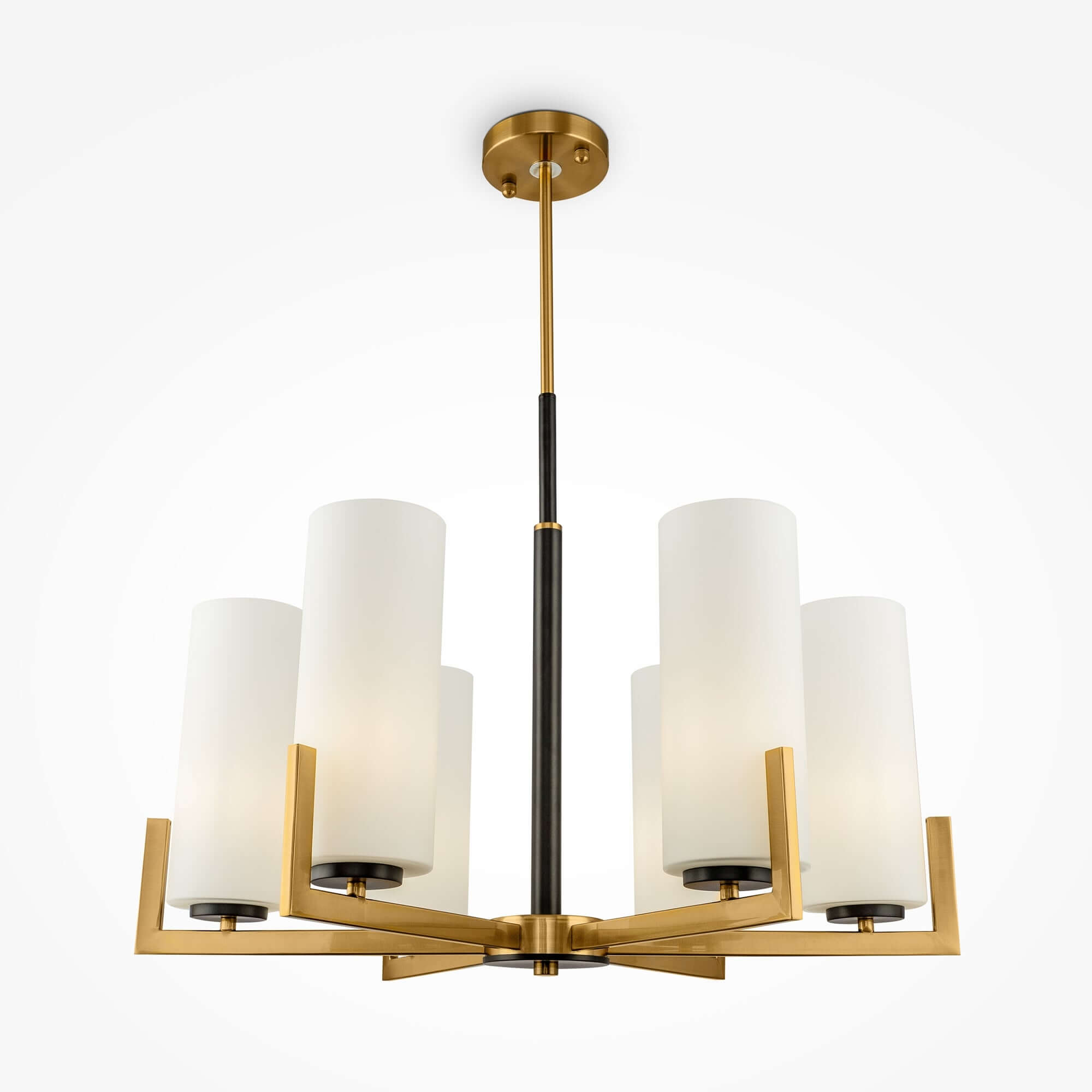 Maytoni Fortano small brass gold chandelier with adjustable height, six white glass lampshades, E27 base, dimmable lighting.
