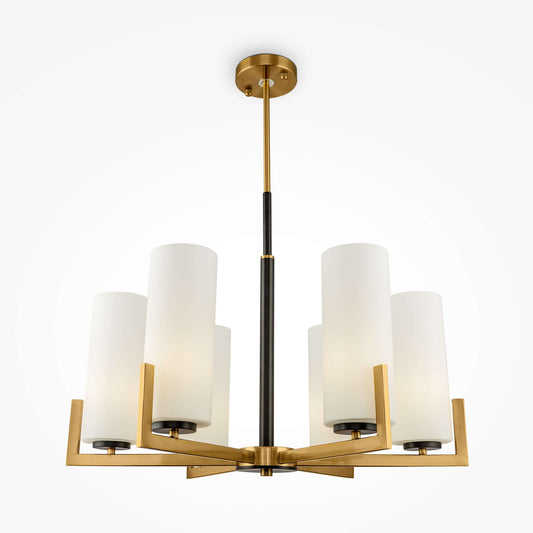 Maytoni Fortano small brass gold chandelier with adjustable height, six white glass lampshades, E27 base, dimmable lighting.