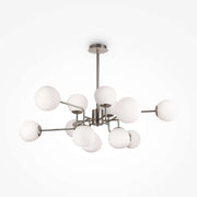 Maytoni Erich pendant light with 12 nickel metal arms and white glass globes, adjustable height, dimmable, E14 socket, elegant lighting fixture.