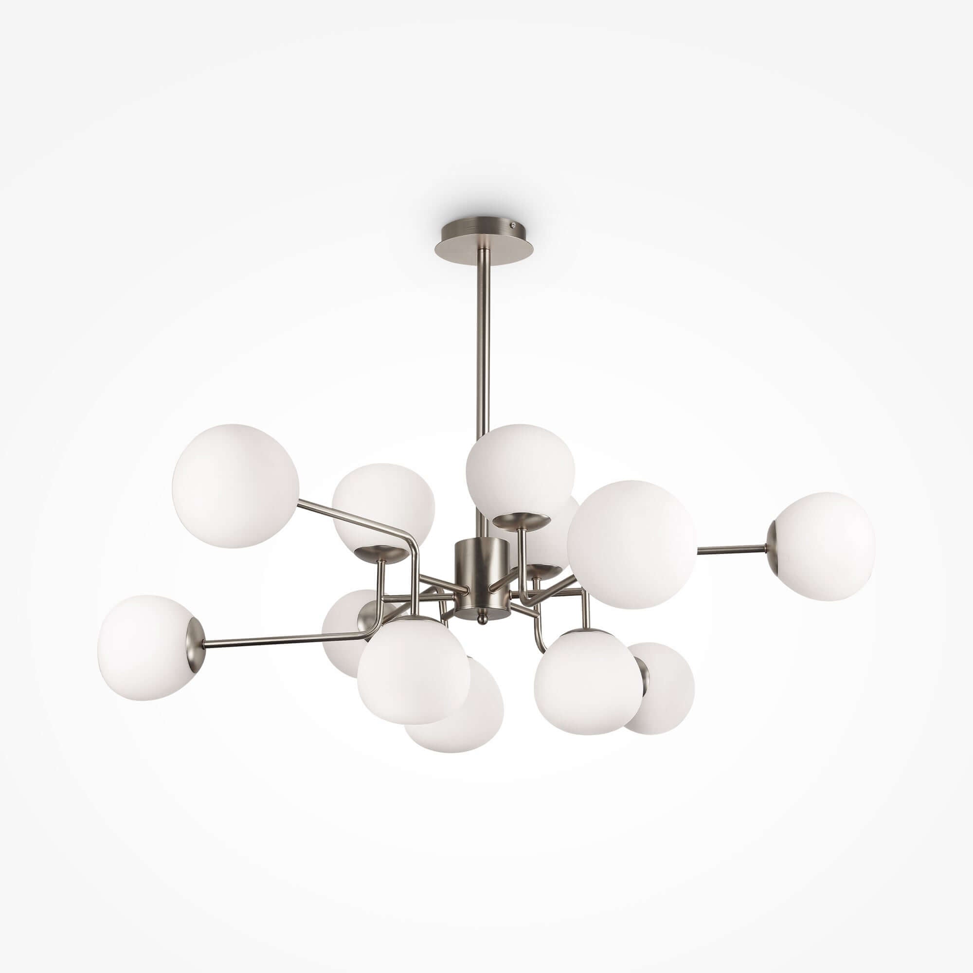 Maytoni Erich pendant light with 12 nickel metal arms and white glass globes, adjustable height, dimmable, E14 socket, elegant lighting fixture.