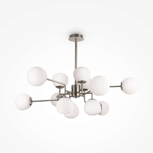 Maytoni Erich pendant light with 12 nickel metal arms and white glass globes, adjustable height, dimmable, E14 socket, elegant lighting fixture.