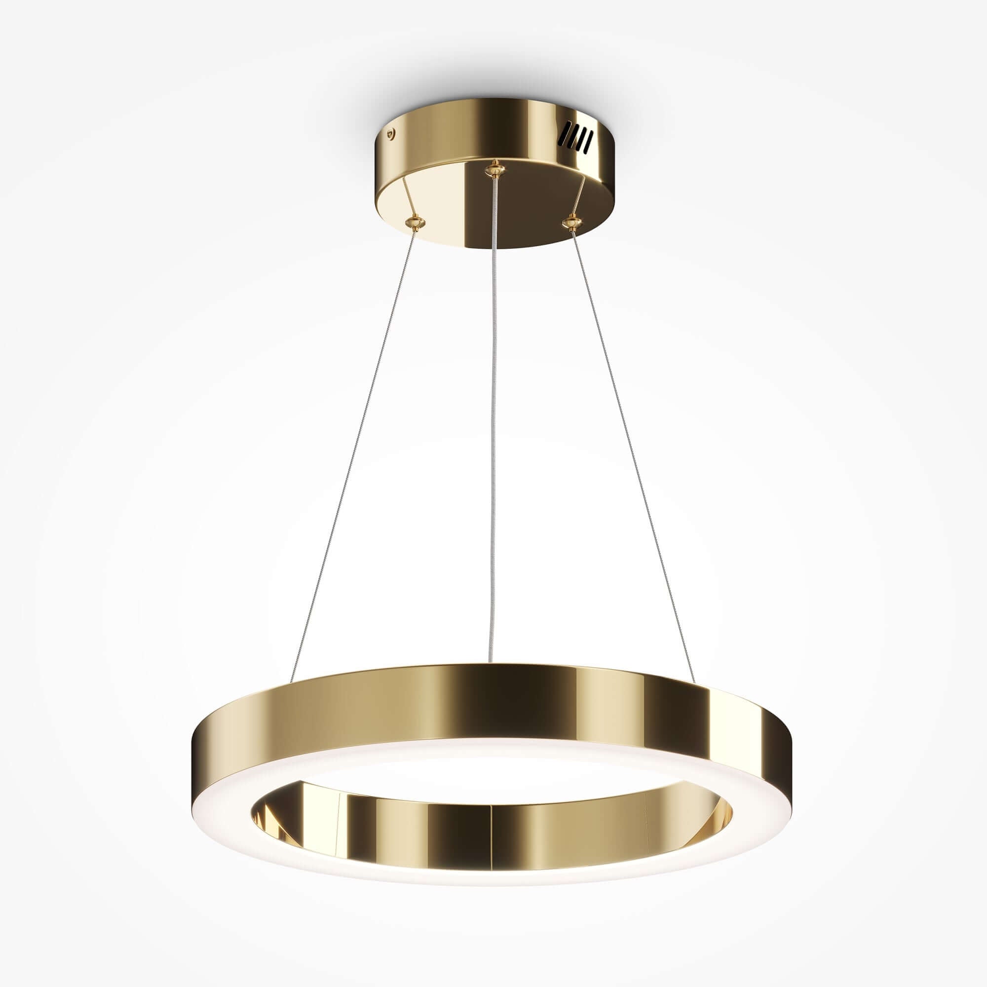 Maytoni Pendelleuchte Saturno klein in gold, dimmable LED pendant light with adjustable height, 40cm diameter, brass finish.
