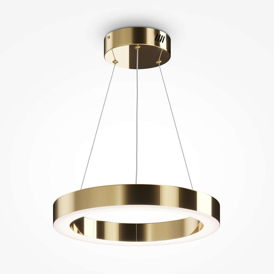 Maytoni Pendelleuchte Saturno klein in gold, dimmable LED pendant light with adjustable height, 40cm diameter, brass finish.