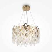 Maytoni Tissage large pendant light with brass and crystal, geometric design, dimmable, adjustable height, gold metal accents.
