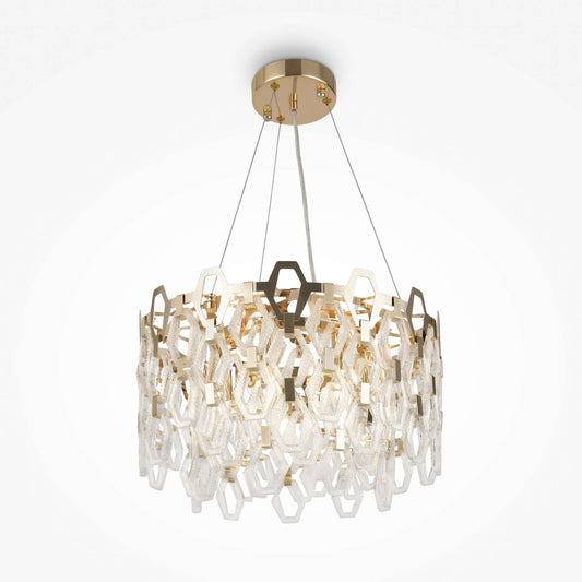 Maytoni Tissage large pendant light with brass and crystal, geometric design, dimmable, adjustable height, gold metal accents.