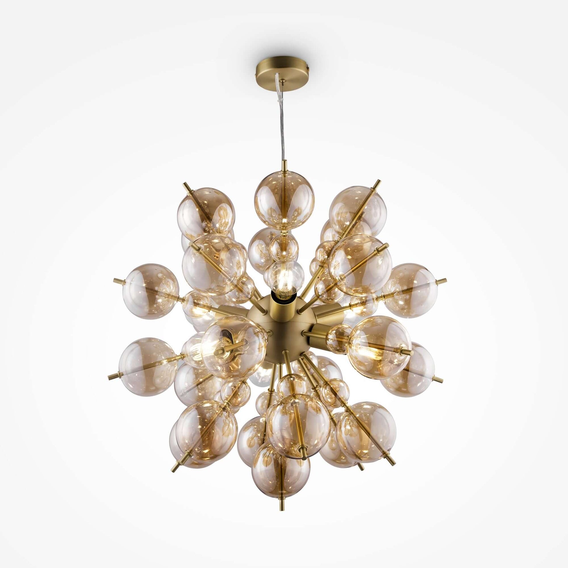 Maytoni Pendelleuchte Bolla Gold chandelier with amber glass globes and adjustable height in gold metal finish for E27 bulbs.