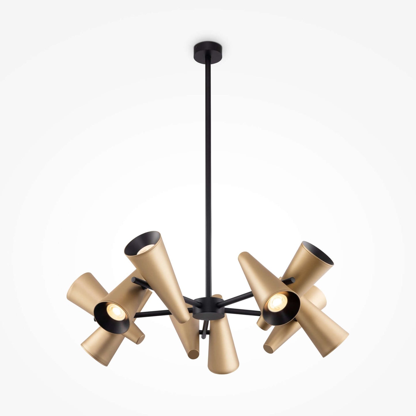 Maytoni Giro Gold pendant light with 10 adjustable brass-finish arms and conical shades, offering dimmable lighting solutions.