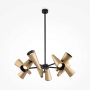 Maytoni Giro Gold pendant light with 10 adjustable brass-finish arms and conical shades, offering dimmable lighting solutions.