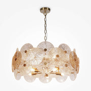 Maytoni Pendelleuchte Aster groß with gold metal fittings and amber pressed glass decor, diameter 80cm, dimmable, E14 sockets.