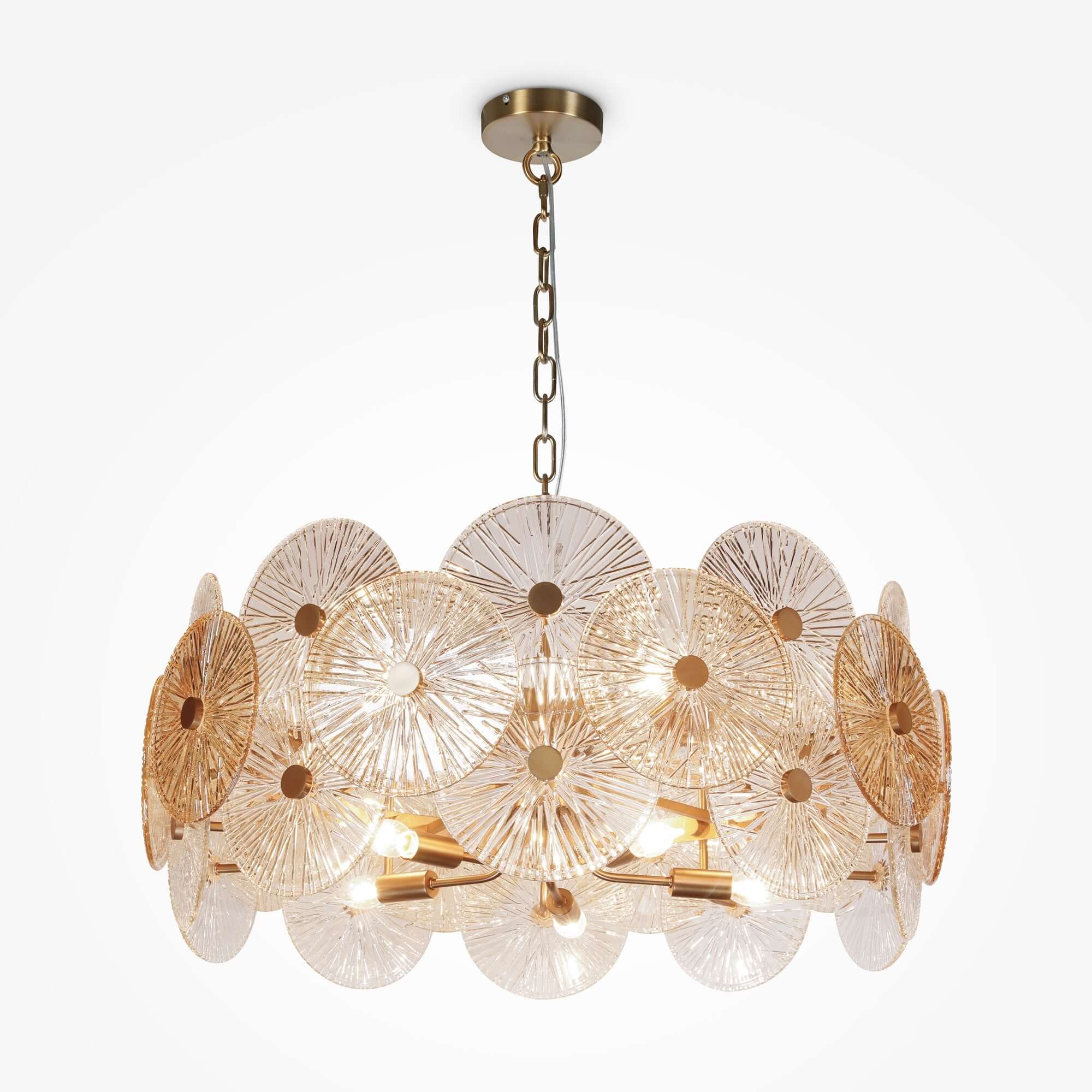 Maytoni Pendelleuchte Aster groß with gold metal fittings and amber pressed glass decor, diameter 80cm, dimmable, E14 sockets.