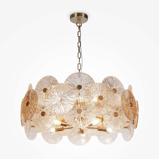 Maytoni Pendelleuchte Aster groß with gold metal fittings and amber pressed glass decor, diameter 80cm, dimmable, E14 sockets.