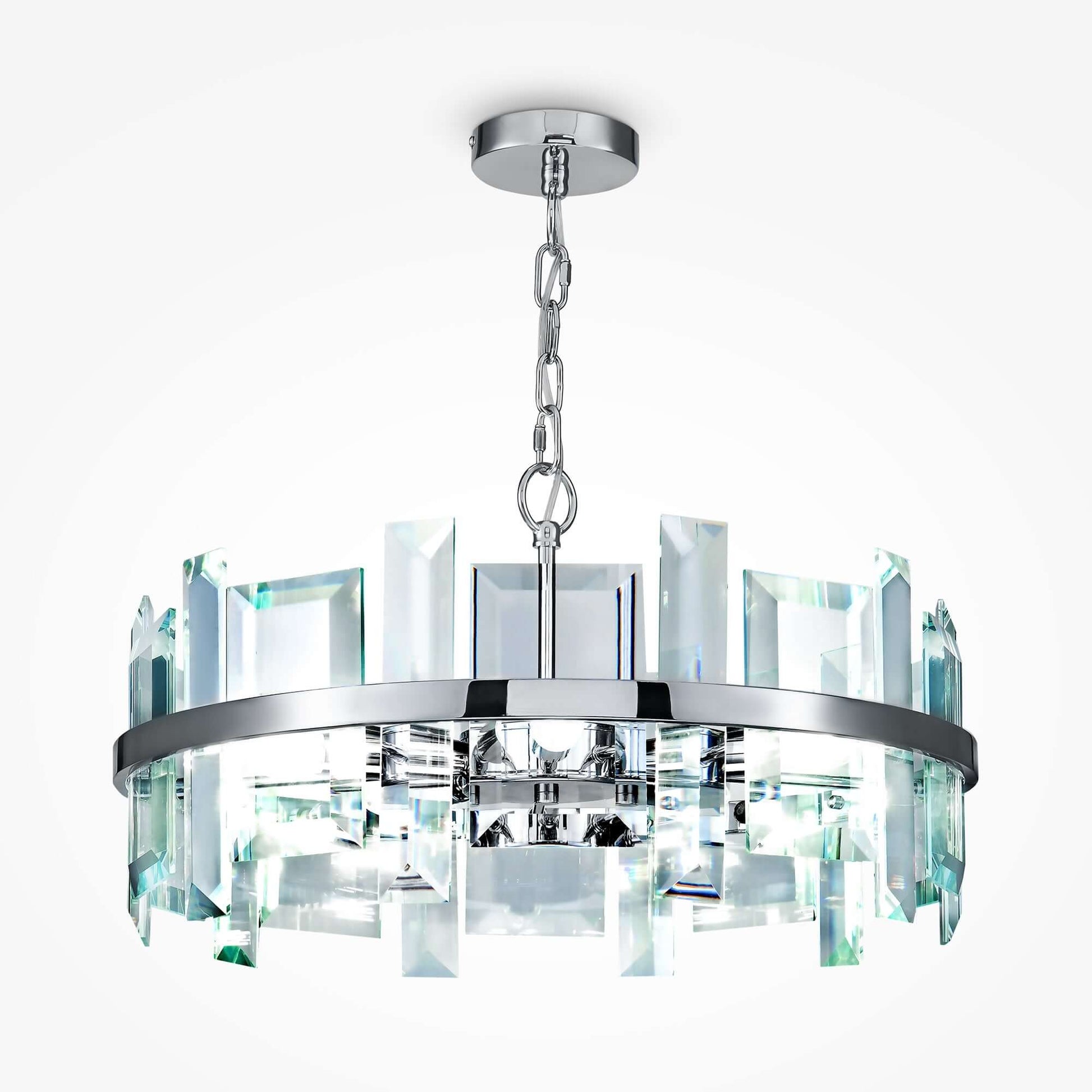 Maytoni Cerezo round pendant light with chrome metal and crystal glass rods, dimmable, diameter 80cm, 7 bulbs, height adjustable.