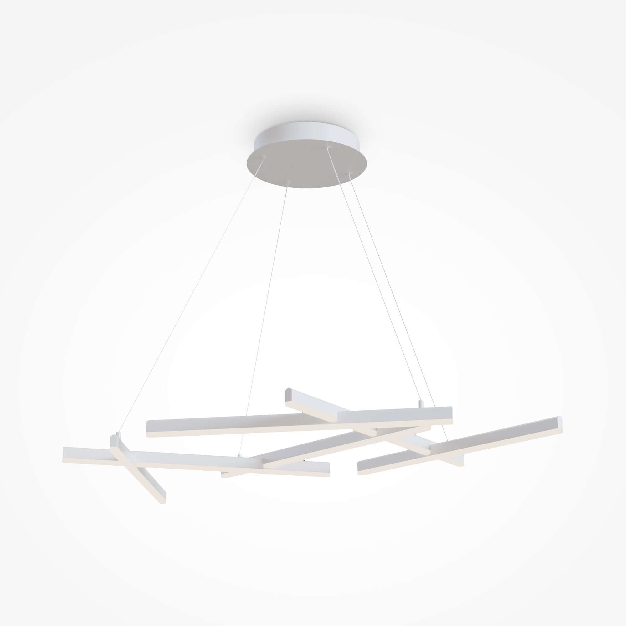 Maytoni Line Weis pendant light, white metal and acrylic, six LED bulbs, adjustable height, minimalist design.
