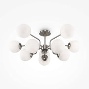 Maytoni Deckenleuchte Erich Nickel, dimmable ceiling light with 10 white glass globes and nickel metal finish, modern design.
