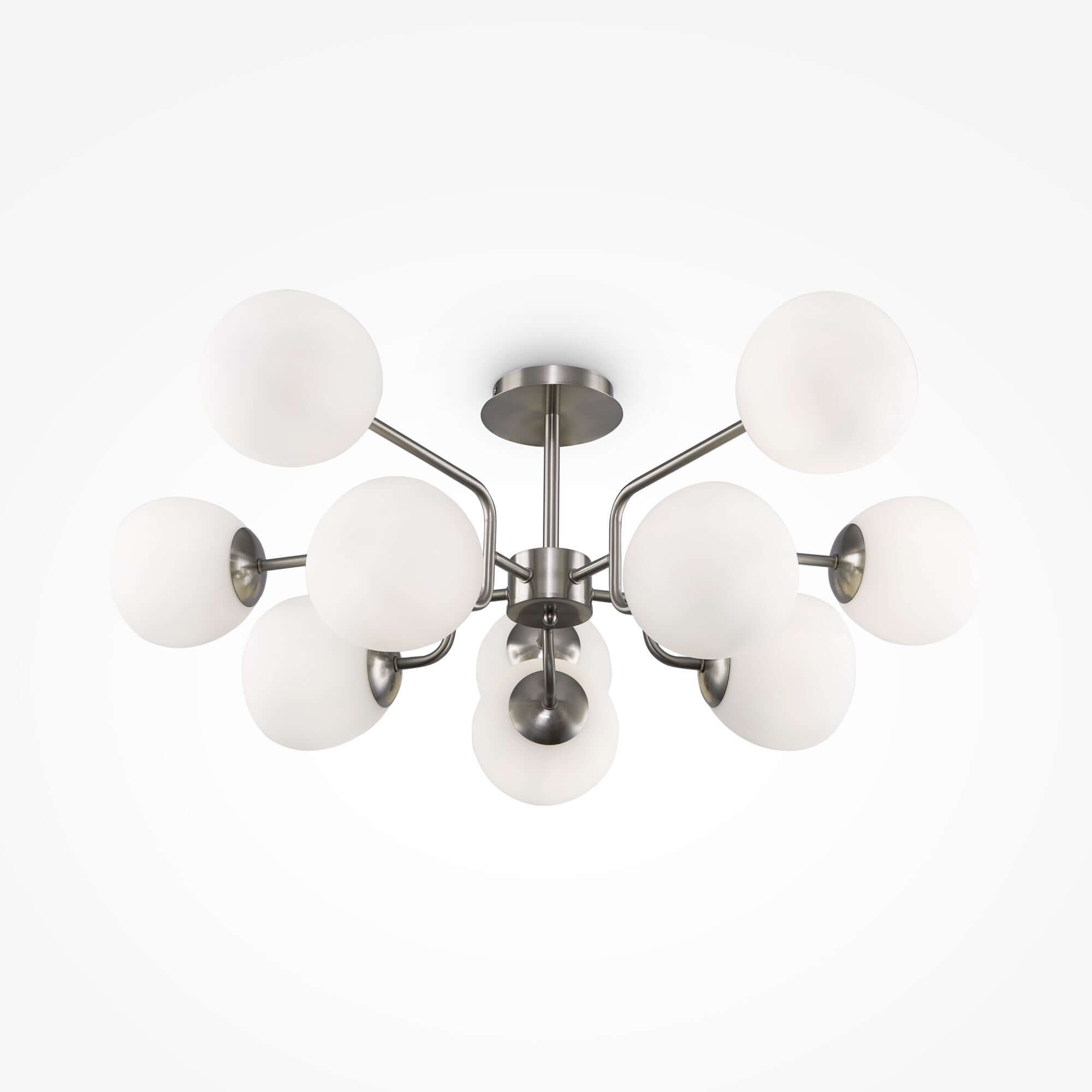 Maytoni Deckenleuchte Erich Nickel, dimmable ceiling light with 10 white glass globes and nickel metal finish, modern design.