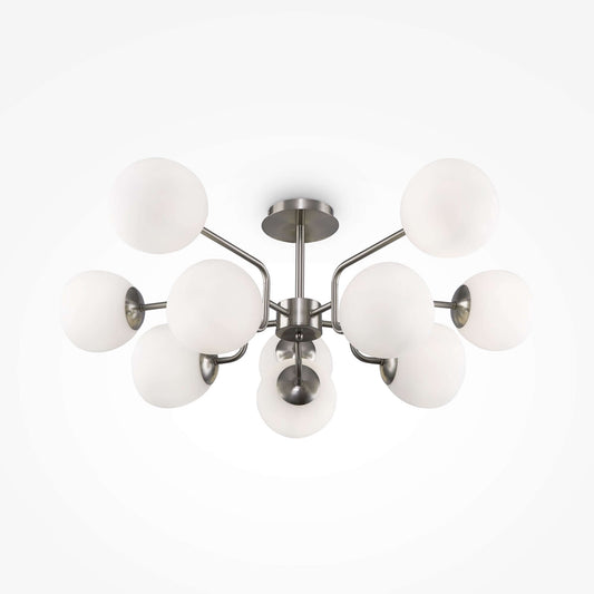 Maytoni Deckenleuchte Erich Nickel, dimmable ceiling light with 10 white glass globes and nickel metal finish, modern design.