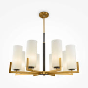 Maytoni Fortano Pendant Chandelier with brass gold metal and white glass shades, featuring eight dimmable lights, adjustable height.