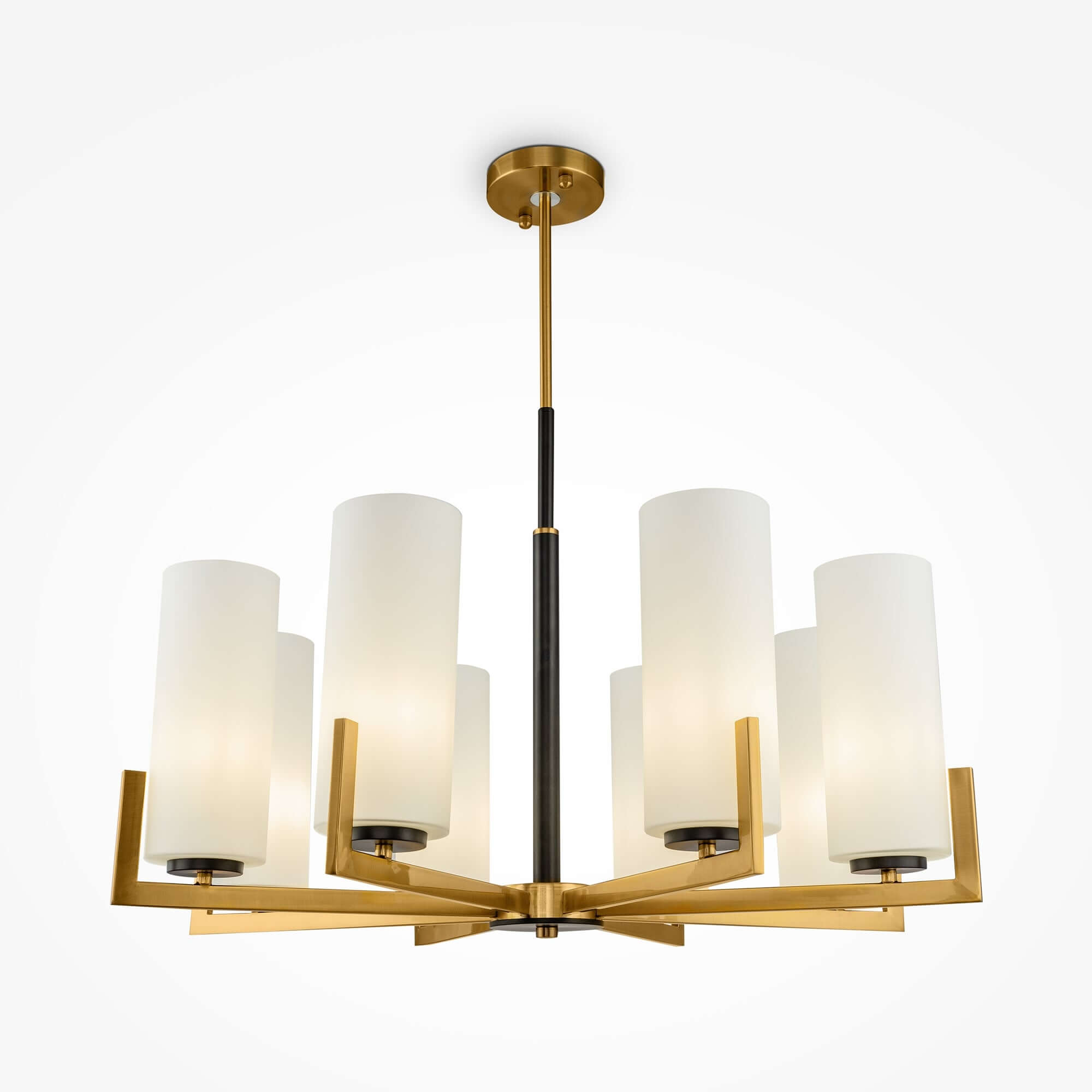 Maytoni Fortano Pendant Chandelier with brass gold metal and white glass shades, featuring eight dimmable lights, adjustable height.
