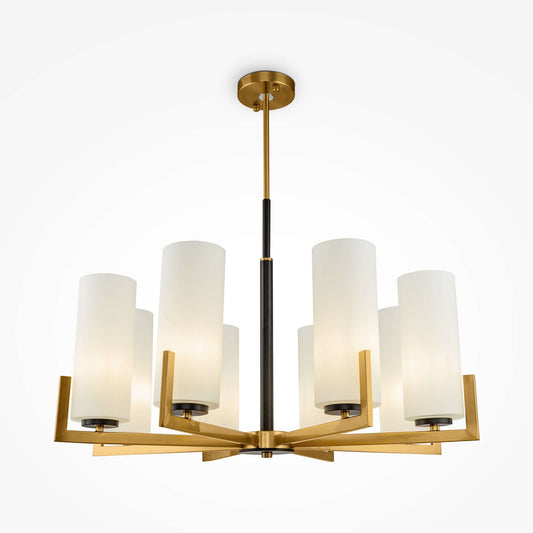 Maytoni Fortano Pendant Chandelier with brass gold metal and white glass shades, featuring eight dimmable lights, adjustable height.