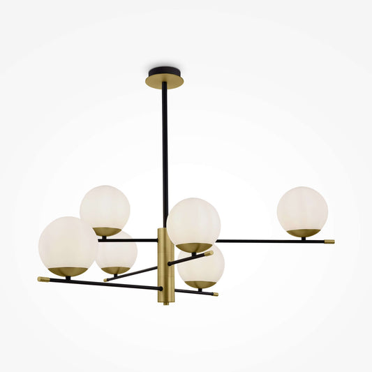 Maytoni Pendelleuchte Nostalgia with six matte glass globes and gold-coated metal, height adjustable chandelier.