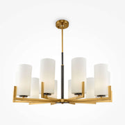 Maytoni Fortano chandelier with 10 dimmable lights, brass gold metal, white glass lampshades, adjustable height, E27 sockets.