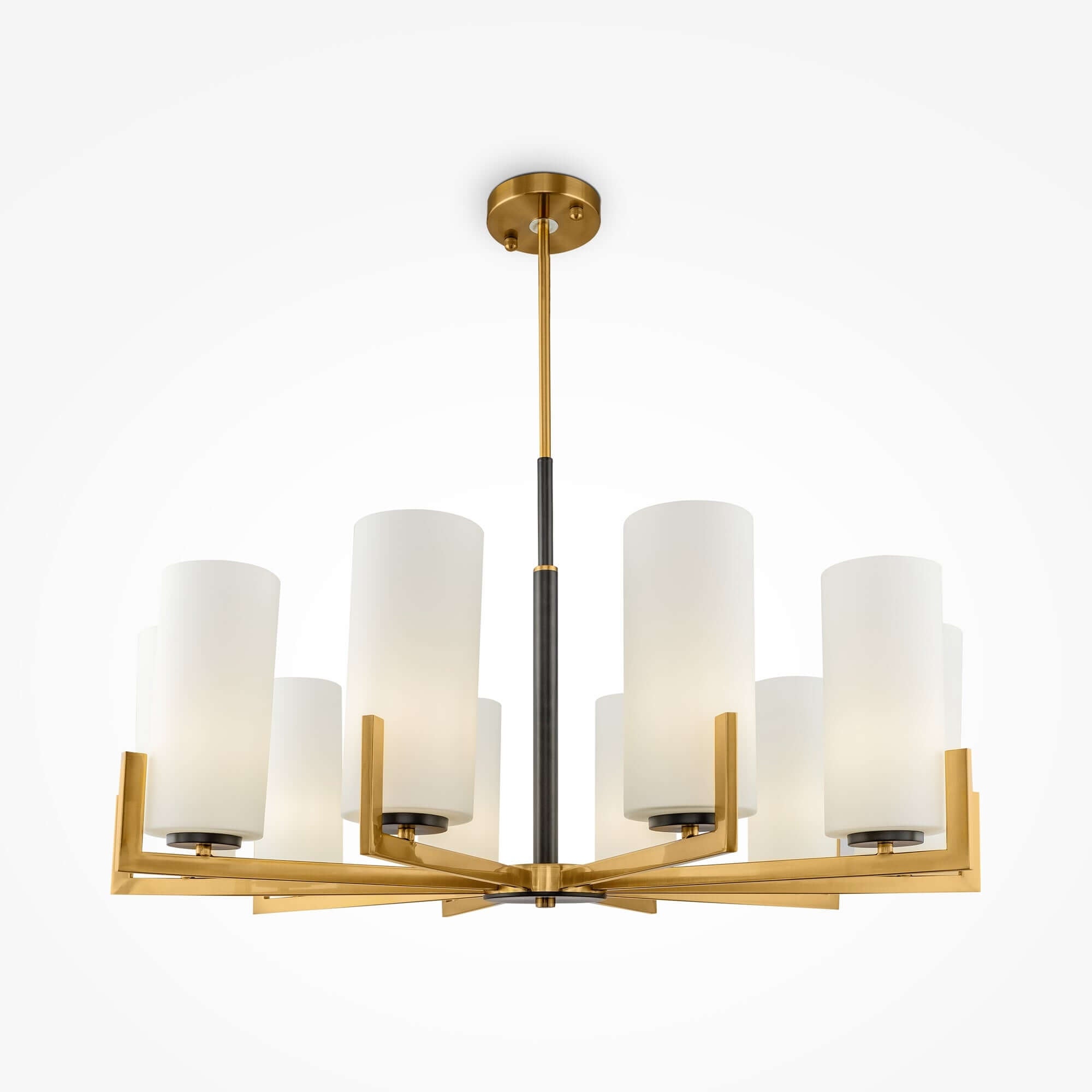 Maytoni Fortano chandelier with 10 dimmable lights, brass gold metal, white glass lampshades, adjustable height, E27 sockets.