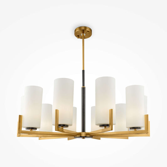 Maytoni Fortano chandelier with 10 dimmable lights, brass gold metal, white glass lampshades, adjustable height, E27 sockets.