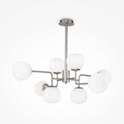 Maytoni Pendelleuchte Erich 8-flammig in Nickel mit weißem Glas, dimmbar, verstellbare Höhe für moderne, elegante Raumbeleuchtung.