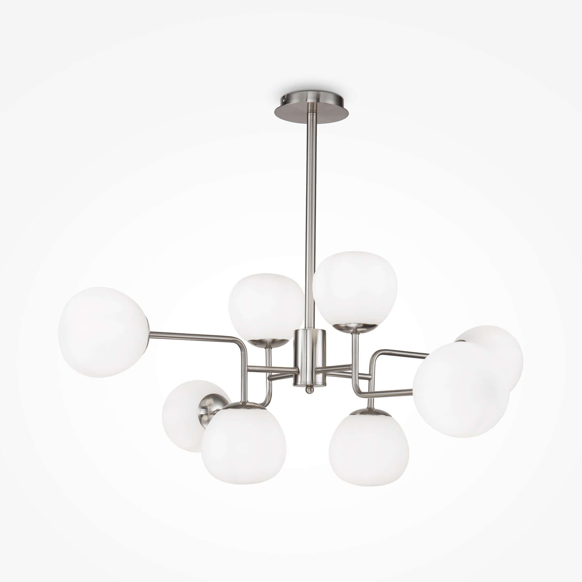 Maytoni Pendelleuchte Erich 8-flammig in Nickel mit weißem Glas, dimmbar, verstellbare Höhe für moderne, elegante Raumbeleuchtung.