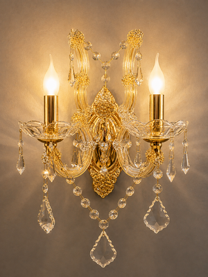 Wall light 2-flame with sparkling lead crystals in gold or silver