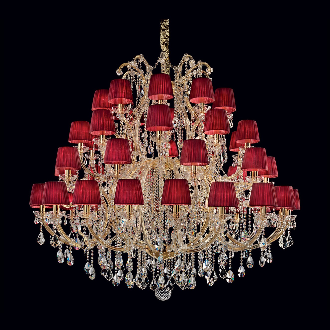 Kristall Kronleuchter Maria Theresia Ø160cm 50 Leuchten Goldfarben mit roten Schirmchen